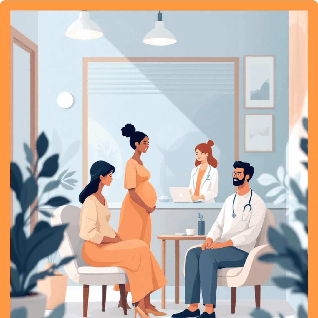 Illustrazione in stile grafico di un consultorio, con una donna in gravidanza e una donna seduta accolte da personale sanitario. Nell’ambiente sono presenti un medico con stetoscopio e una professionista al computer, in un contesto luminoso e rassicurante.