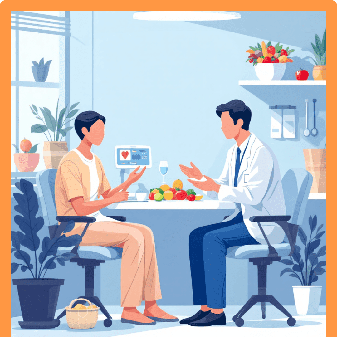 Illustrazione in stile grafico di un colloquio tra un professionista sanitario e una persona seduta in ambulatorio. Sul tavolo sono presenti frutta e materiali informativi, in un ambiente luminoso che richiama un percorso di counseling nutrizionale o di promozione della salute.