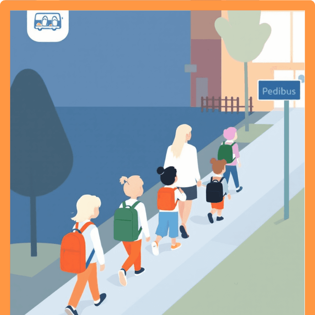 Illustrazione in stile grafico di un gruppo di bambini con zainetto che camminano su un marciapiede insieme a un adulto accompagnatore, dirigendosi verso una fermata indicata dal cartello “Pedibus”.