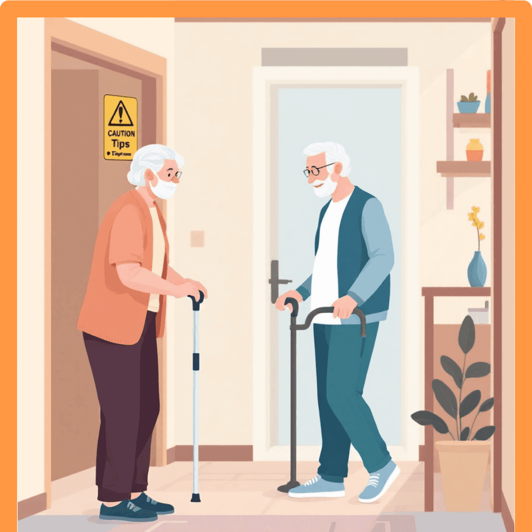 Illustrazione in stile grafico di due persone anziane in un ambiente domestico, entrambe con ausili per la deambulazione. La scena richiama il tema della prevenzione delle cadute e della sicurezza in casa, con un cartello di attenzione visibile sulla parete.