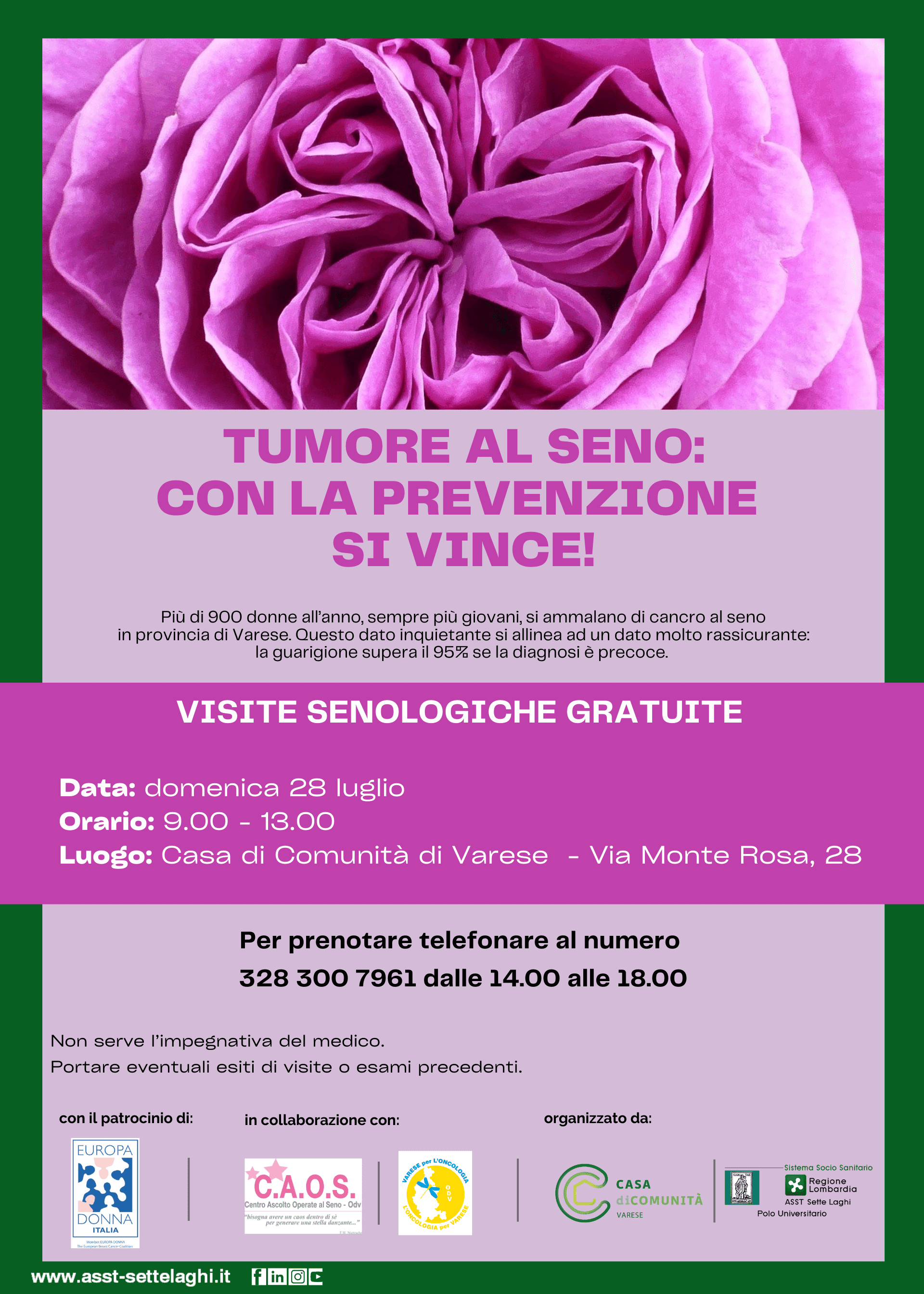 Domenica 28 luglio, visite senologiche gratuite nella Casa di Comunità di Varese.