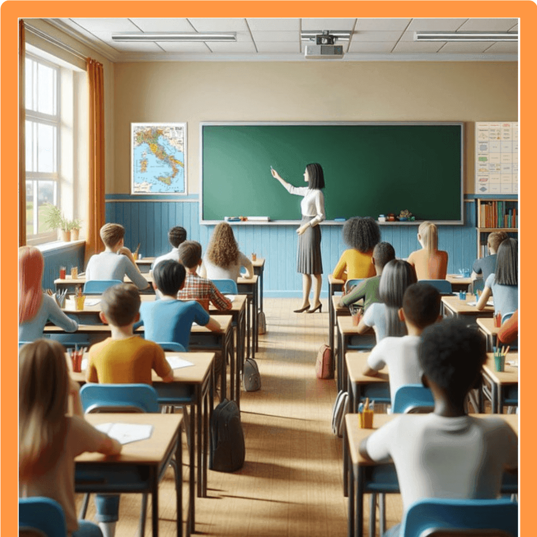 Aula scolastica con studenti seduti ai banchi mentre un’insegnante spiega alla lavagna. Sulle pareti sono presenti una carta geografica dell’Italia, scaffali con libri e materiali didattici.