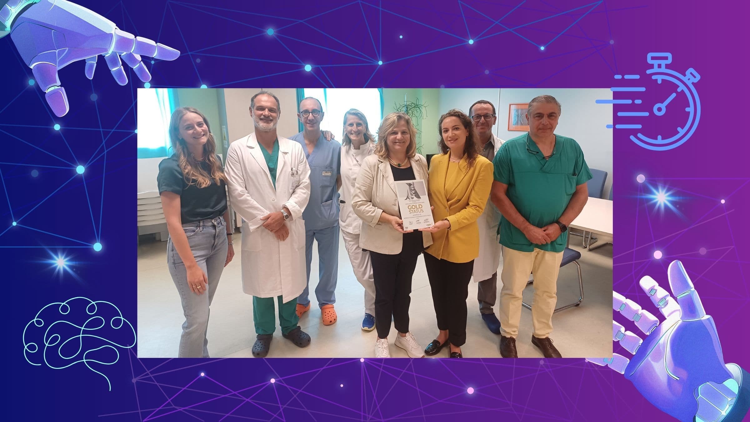 Professionisti sanitari con un riconoscimento Gold Status in un ospedale, accanto a illustrazioni di intelligenza artificiale.”