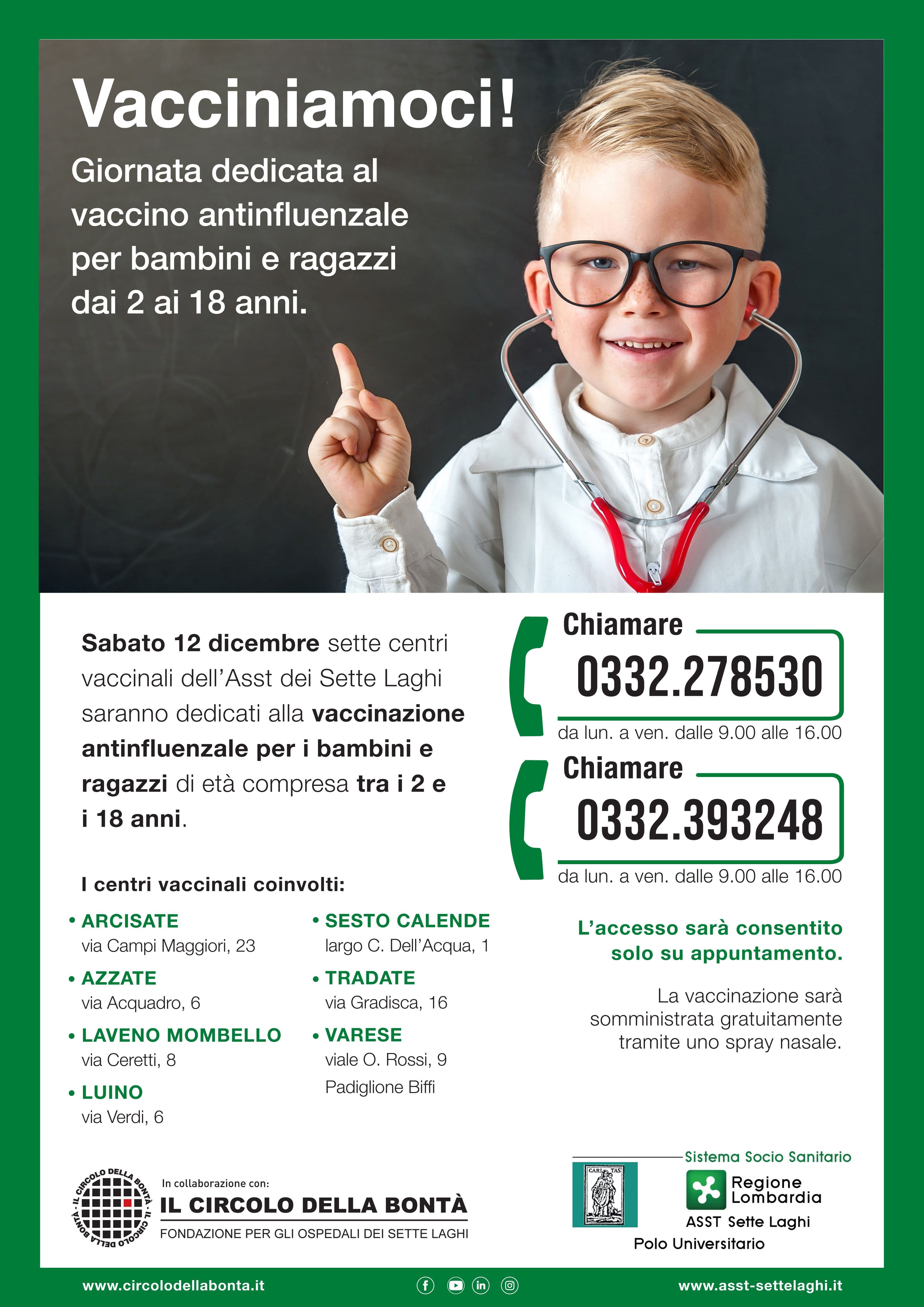 Vaccinazione antinfluenzale: sabato 12 dicembre, per i bambini e i ragazzi dai 2 ai 18 anni.