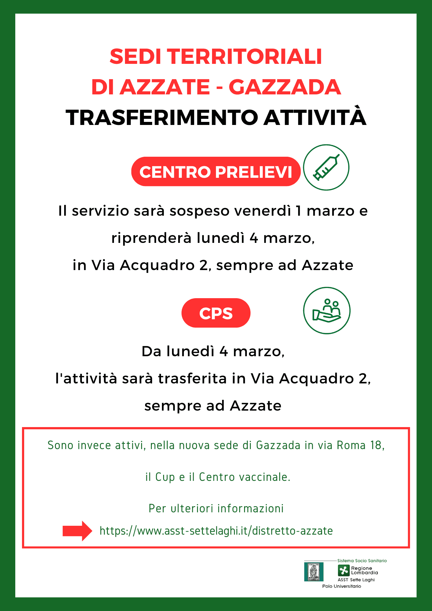 Riorganizzazione dei servizi nel Distretto di Azzate in vista della Casa di Comunità: novità per Punto Prelievi e CPS